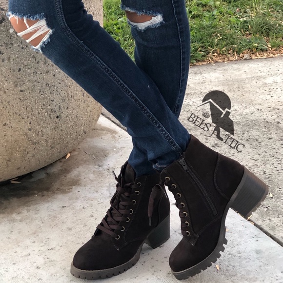 Brown Vegan Suede Combat Military Boots - Picture 2 of 7